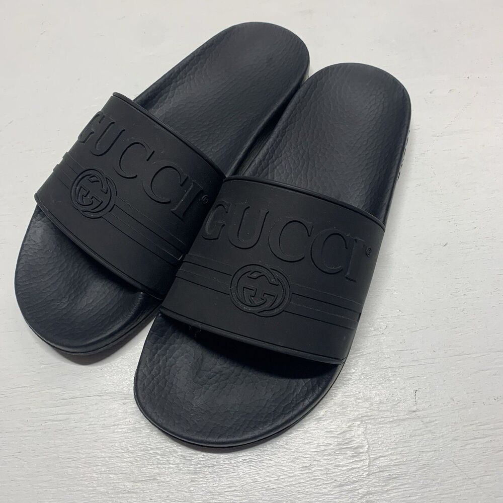 Gucci Black Rubber St Gucci Slides Large Logo Authentic Women 39(8.5)